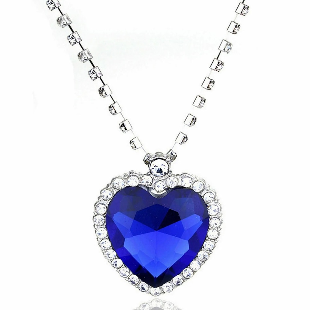 Titanic Heart of The Ocean Sapphire Crystal Necklace Silver Plated  Simulated